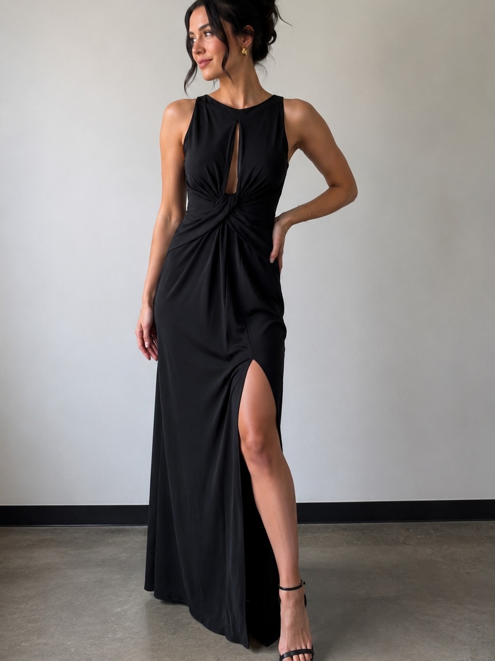 Halston Heritage Black Twist Front Maxi Dress Minimalist Formal